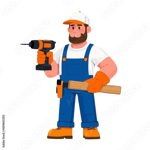 Vector art of craftsman in blue overalls, orange gloves, and cap, holding a drill and wood, ready to work on a construction project