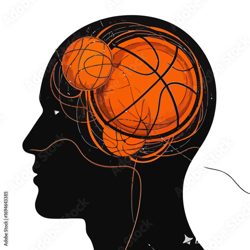 Vector art of a silhouette of a head filled with basketballs, representing a passion for the sport and a mind focused on basketball