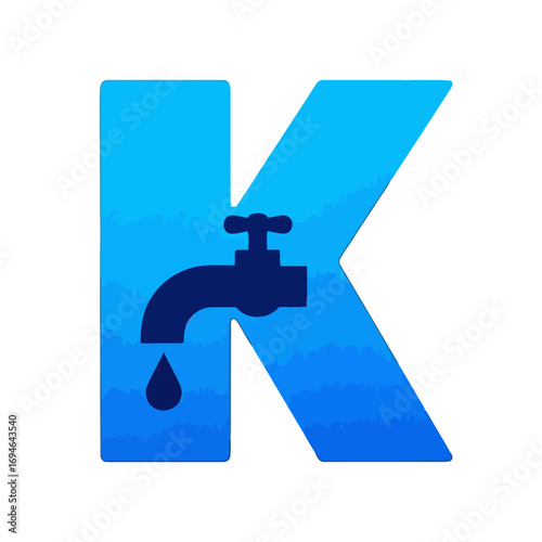 Vector art of letter k logo with water tap and drop plumbing service, repair, water supply, sanitation company emblem