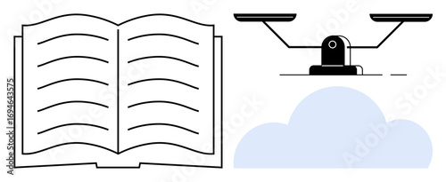 Open book, balanced scale, and cloud showcase themes of education, fairness, law, innovation, technology, progress and information. Ideal for justice modern learning and cloud storage as a simple