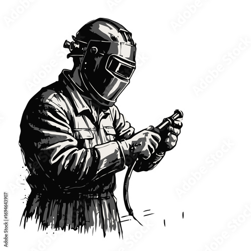 Illustration of a welder in protective gear holding a welding torch, black and white drawing of a professional