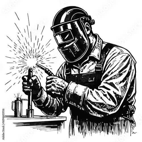 Illustration of a welder in protective gear working with a welding torch, creating sparks, black and white art