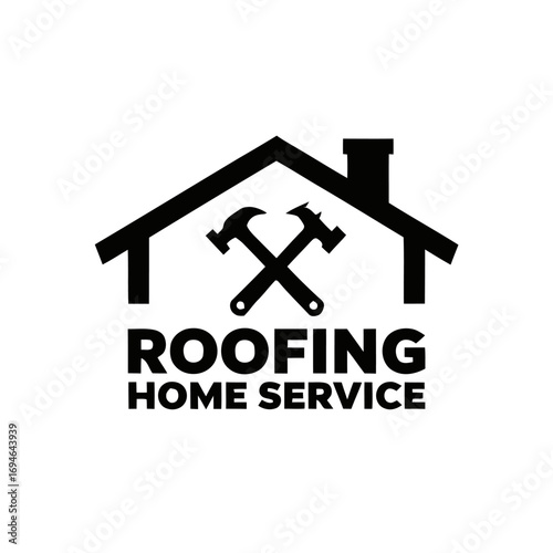 Vector art of roofing home service logo with crossed hammers and chimney construction, repair, and maintenance company brand design