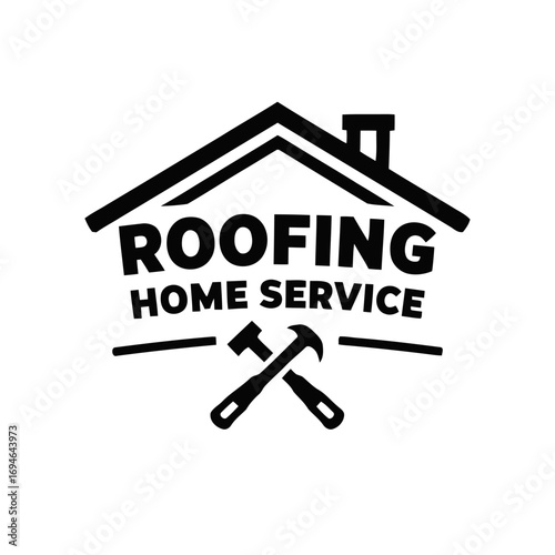 Vector art of roofing home service logo featuring a house roof and crossed hammers, perfect for branding and advertising