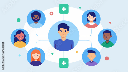 Community Support An image of a diverse group of people connecting through an app sharing tips and experiences with managing chronic diseases facilitated by AI suggestions.
