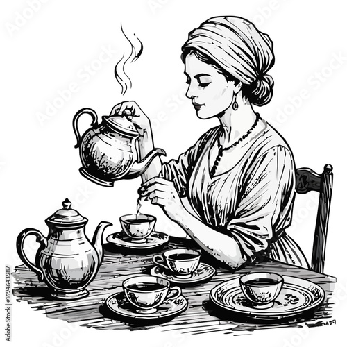 Vector art of elegant woman in headscarf pouring tea into a cup on a table with teacups and teapot, vintage ink drawing style