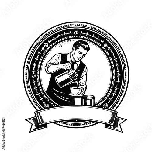 Vector art of vintage illustration of a waiter pouring coffee from a pot into a cup, restaurant logo template