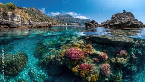 Panoramic view of a shallow, vibrant coral reef
