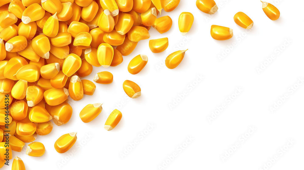 Fototapeta premium Bright yellow corn kernels scattered on white background create vibrant and fresh appearance. glossy texture and rich color of kernels evoke sense of natural abundance