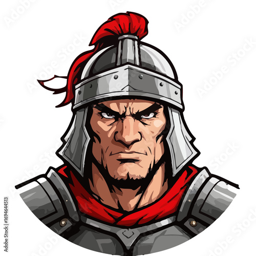 Vector art of a determined roman centurion stares intensely, his helmet adorned with a red plume, set against an
