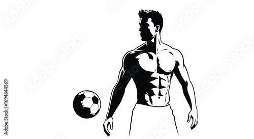 A muscular soccer player dribbles the ball with determination, isolated on white background, showcasing strength and skill in a dynamic black and white design