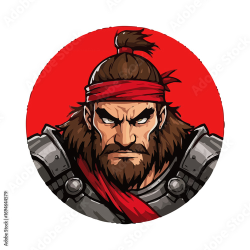 Vector art of fierce samurai warrior with a red headband and armor, showcasing strength, determination, and the spirit of ancient japanese warriors