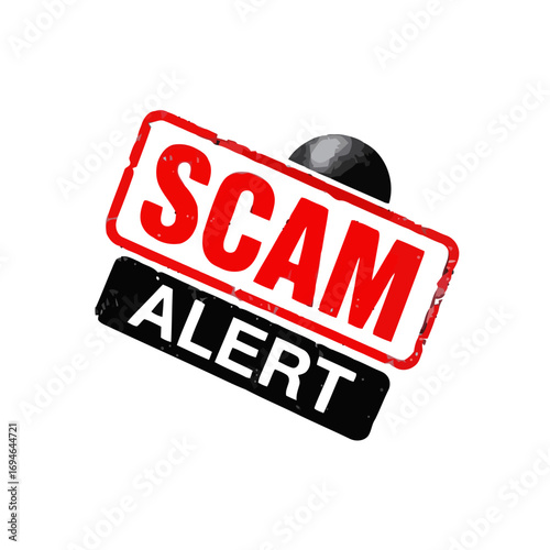 Vector art of scam alert, a red and black stamp design to warn against fraud and deception, highlighting the risk of online scams