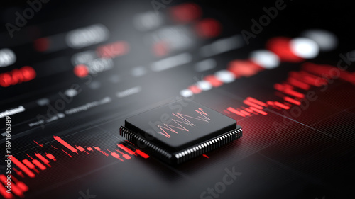 Microchip is embedded in digital finance dashboard, displaying fluctuating red graphs and data. scene conveys sense of advanced technology and financial analysis