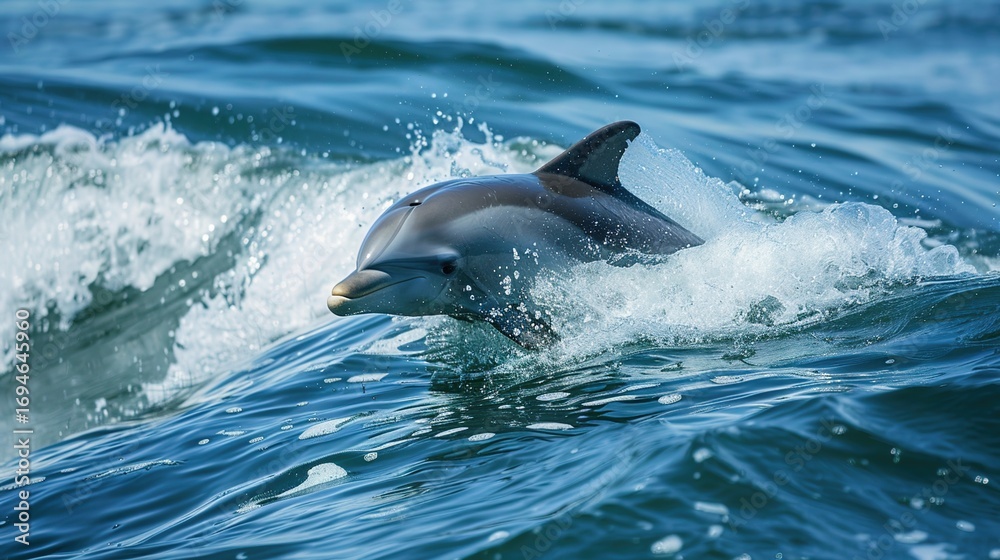 Fototapeta premium A dolphin is swimming in the ocean. The water is blue and the dolphin is white. The dolphin is in the middle of the water and is surrounded by waves