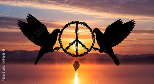 Two silhouetted doves frame a barbed wire peace symbol at sunrise over tranquil foggy waterscape.