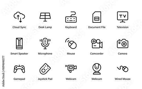 Professional Electronics Devices Line Icon Pack. Modern minimal vector collection of gadgets, screens, and everyday technology illustrations