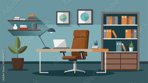 A modern office with a sleek desk leather chair and metallic accented shelves.