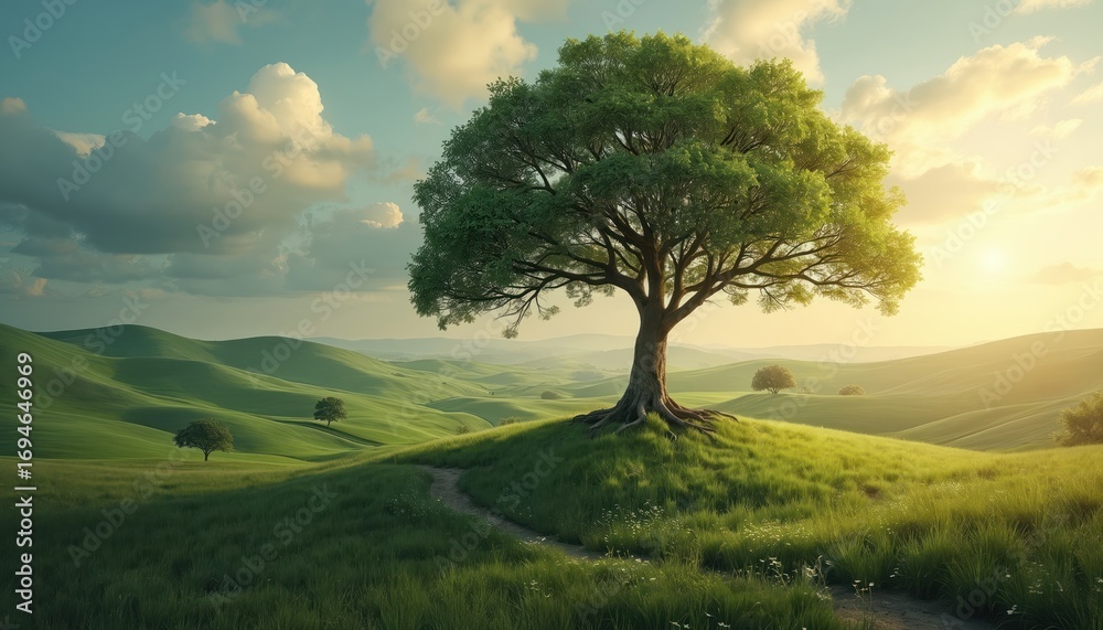 Fototapeta premium Conceptual image of flourishing financial tree with branches labeled Savings Investments, Growth set against rolling green hills, meadows under sunshine. Represents wealth prosperity business