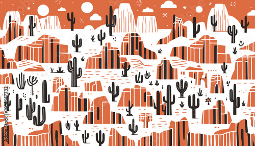 cliffs and cactus vector seamless pattern with hand drawn and doodle style