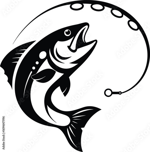 Vector fishing hook with jumping fish icon