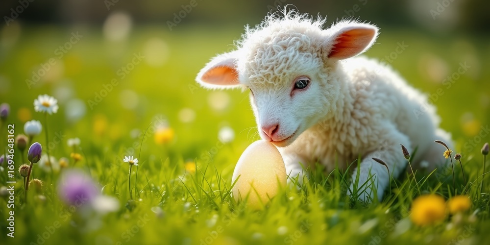 Fototapeta premium Cute Lamb Exploring Colorful Easter Egg in Green Field