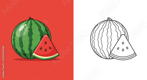 A refreshing watermelon and slice illustration, isolated on white background, highlighting the fruits sweetness and summery vibe in a playful and vibrant design