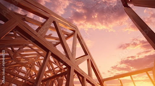 Wooden house framing against a vibrant sunset.