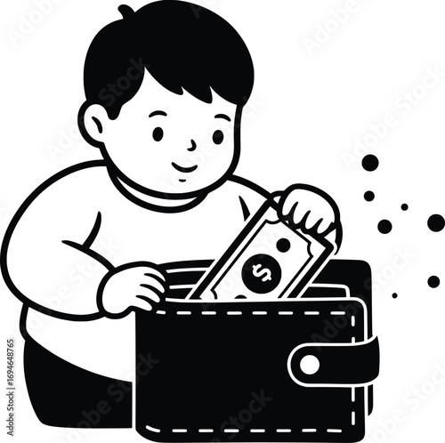 Child Saving Money in Wallet, Vector Illustration of Financial Awareness, Home Environment, Educational Graphics for Kids, Playful Concept
