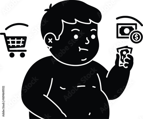 Child with Money and Shopping Cart Vector Illustration Depicting Consumer Behavior in a Playful Environment, Engaging in Spending Decisions