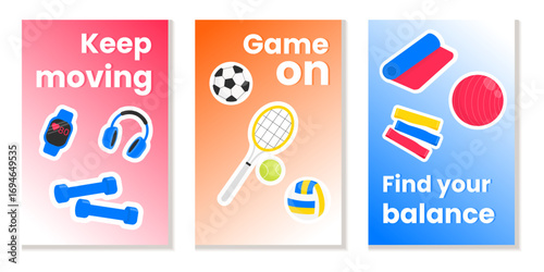 Motivational sport poster set. Vector fitness wall art with workout gear, game equipment and yoga balance design. Modern printable collection for healthy lifestyle and gym decor.