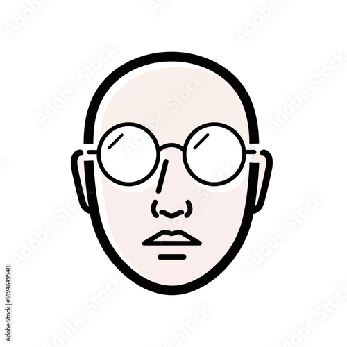 Illustrated bald head with round glasses and simple facial features on a white background close up