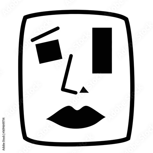 Abstract face design with geometric shapes inside a rounded square frame in black and white colors