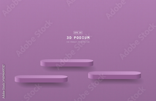 Realistic luxury purple 3d round podium pedestal hanging floating on vertical wall. Minimal wall scene for cosmetic mockup. 3d stage for showcase. Vector geometric platform. 3d vector rendering.