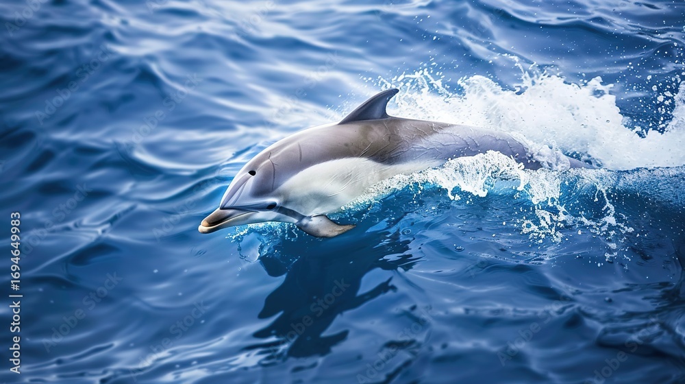 Obraz premium A dolphin is swimming in the ocean. The water is blue and the dolphin is white. The dolphin is in the middle of the water and is surrounded by waves