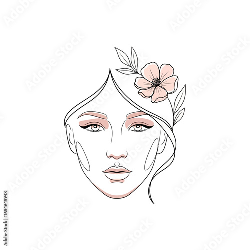 Line art drawing of a woman's face with pink eyeshadow and a flower on her head with leaves and hair
