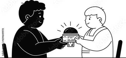 Children Sharing Joyful Moments, Food Exchange, Kitchen Table, Vector Illustration, Friendly Environment, Close-Up View, Happiness Concept