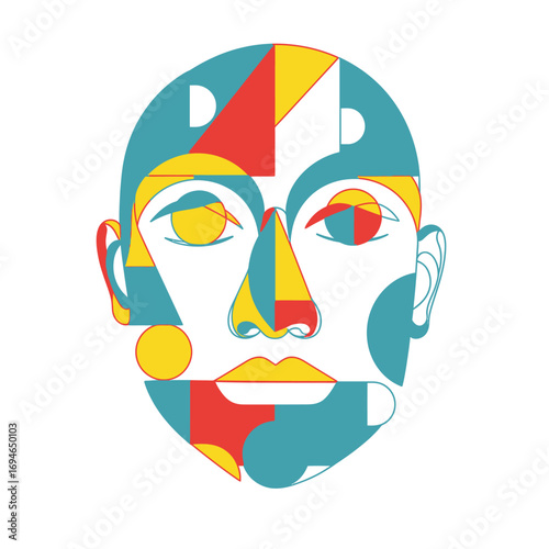 Abstract geometric face illustration with primary colors and bold black outlines on a white background