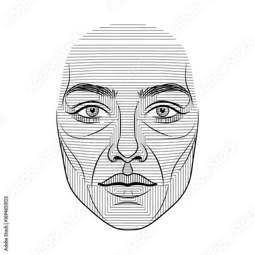 A stylized face illustration created with horizontal and geometric lines on a white isolated background