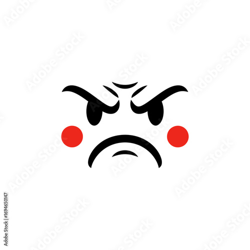 A white background with a black angry face with red cheeks and furrowed eyebrows and a frowning mouth