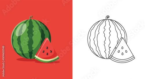 A refreshing watermelon and slice illustration, isolated on white background, highlighting the fruits sweetness and summery vibe in a playful and vibrant design