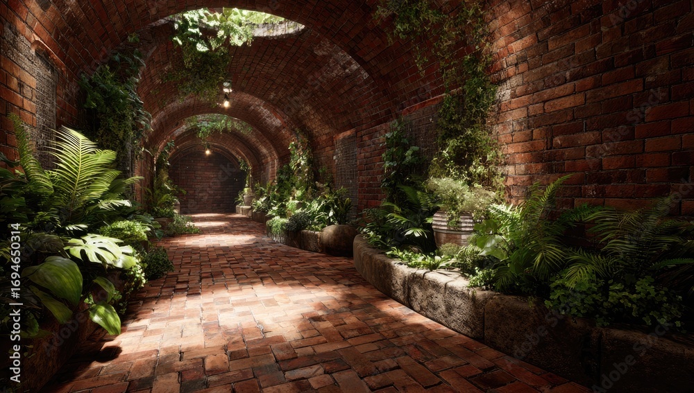 Obraz premium Sunlit brick tunnel garden