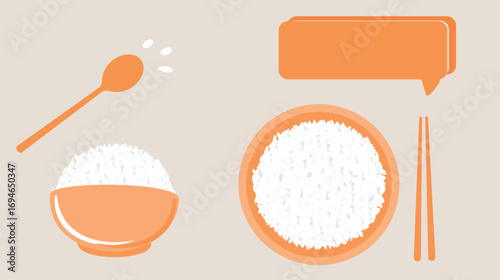 Food icon set with rice bowl, spoon, rice seed, chopsticks and and  text frame sign on grey background vector.