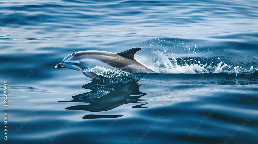 Fototapeta premium A dolphin is swimming in the ocean. The water is blue and the dolphin is white. The dolphin is in the middle of the water and is surrounded by waves