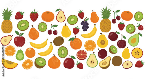 A colorful assortment of fresh fruits, including apples, oranges, bananas, avocados, and pineapples, isolated on white background, creating a vibrant display