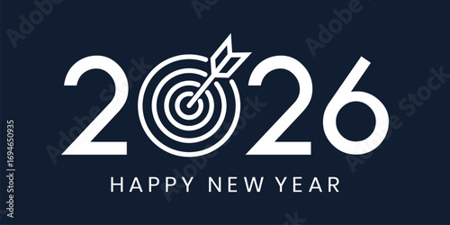 Modern "2026 Happy New Year" design with bold white sans-serif numbers linked by a flowing dark-blue wave on a navy background. Minimalist, clean, dynamic, and optimistic festive style.