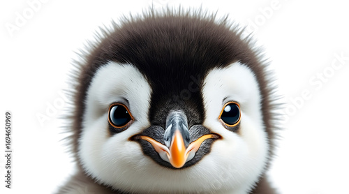 Detailed close up portrait of penguin chick with soft fluffy feathers and bright eyes looking curiously at camera