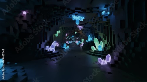 Voxel Cave With Emissive Crystals Glide