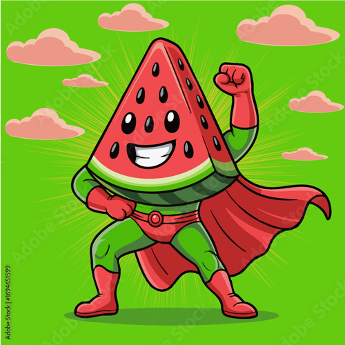 Vector illustration of a cute cartoon watermelon superhero character with smiling face, red cape, and heroic pose. Fun and playful fruit mascot design in kawaii style, perfect for children’s education