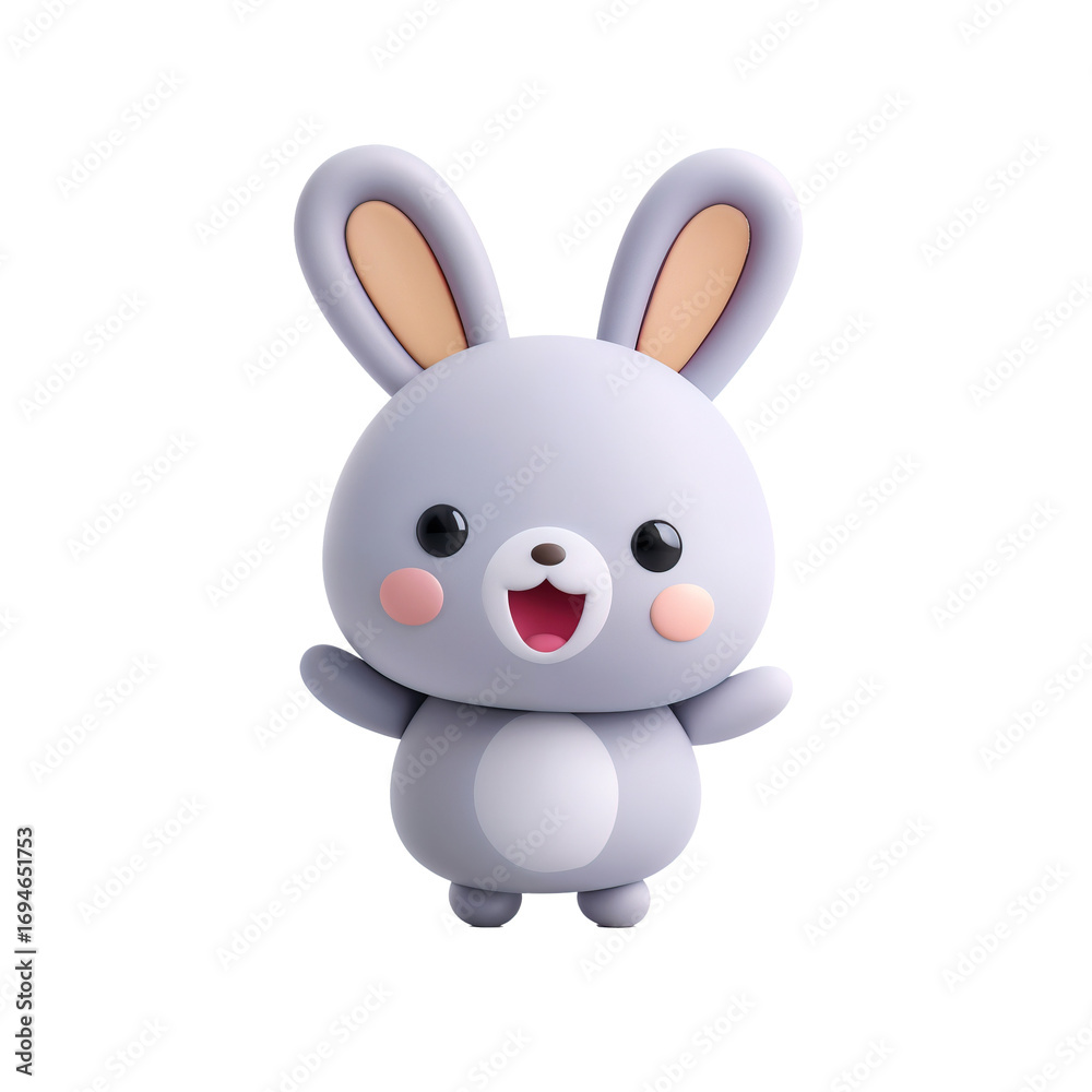 Obraz premium A cute 3D cartoon rabbit smiles and waves. On a white background.